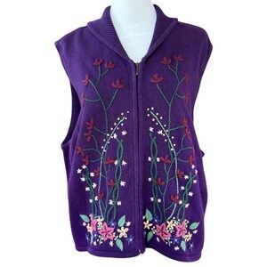 VTG Bechamel Purple Embroidered Floral Sweater Vest Womens L Cottage 90s Granny